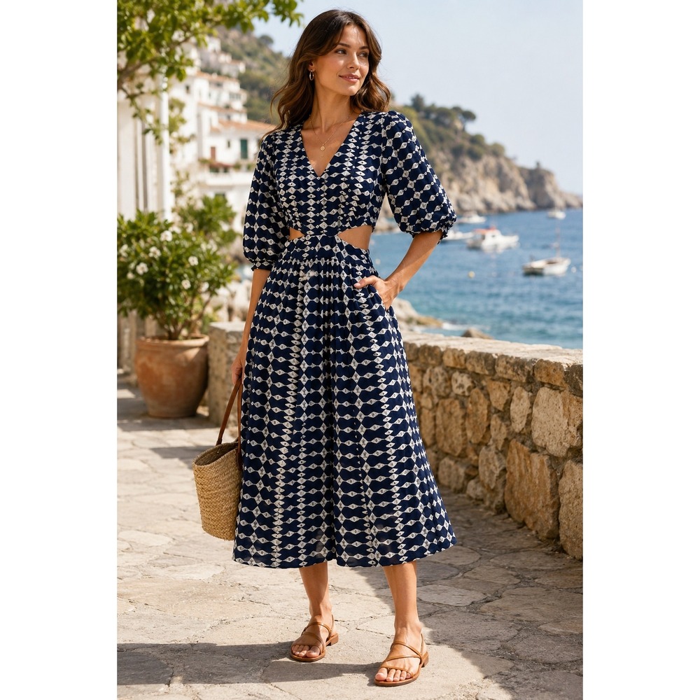 SaturdayClub Cutwork Embroidery Cutout Dress Navy Size XXS Puff Sleeve Midi‎
